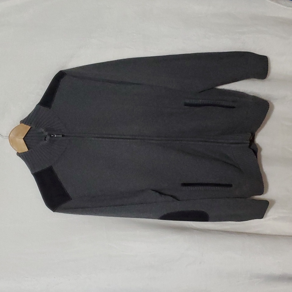 Agave Lux Gray Front Full Zip Sweater With Black Elbow and Shoulder Patch Size L